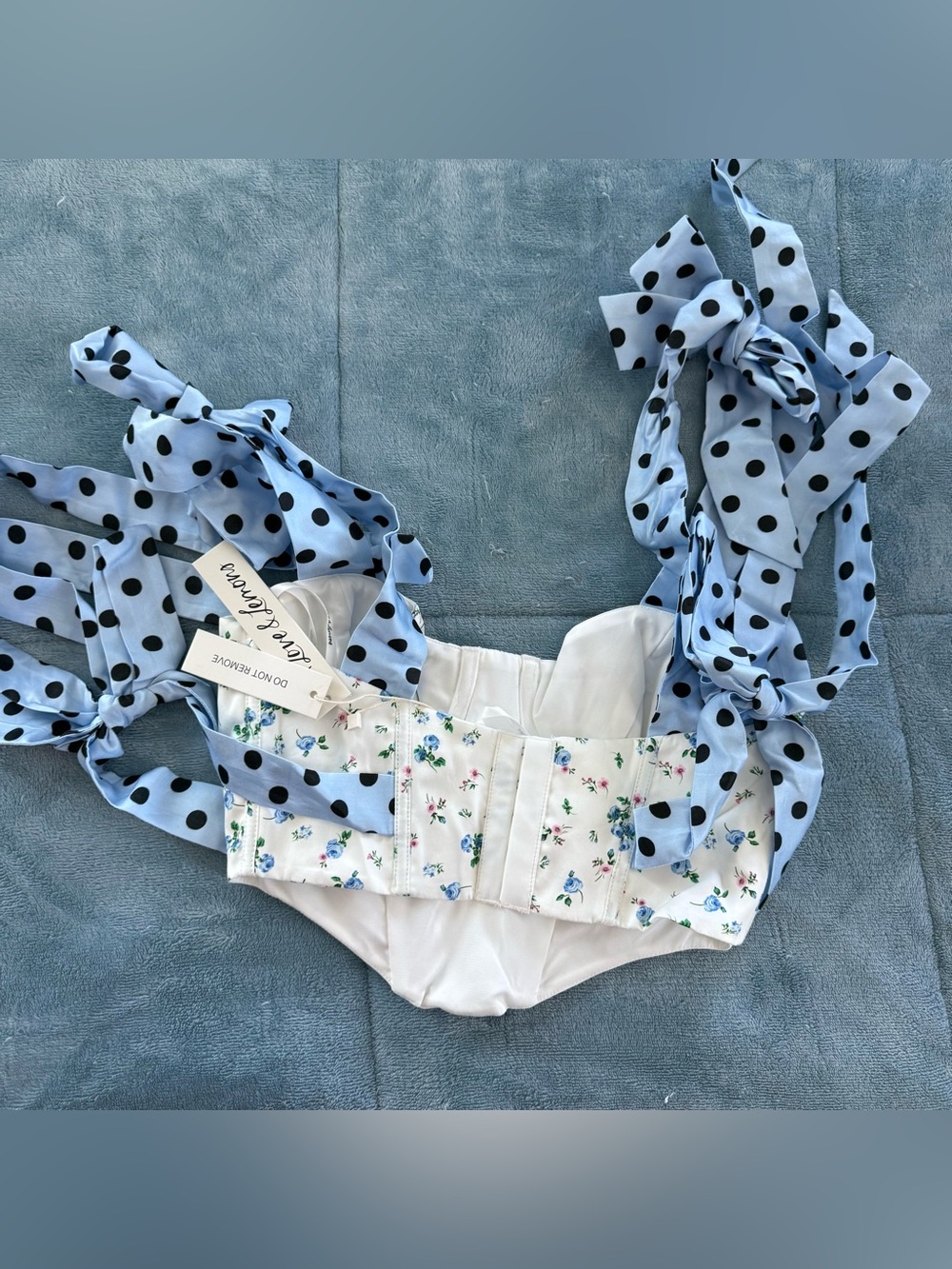 FOR LOVE & LEMONS Eugene Bustier Corset Top Floral White Blue Polka Dot Bow - Picture 5 of 8
